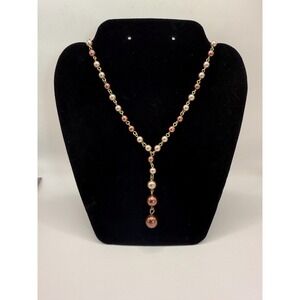 Vintage Gold Tone Y-Drop Faux Pearl Necklace – Blush & Ivory Beaded Lariat